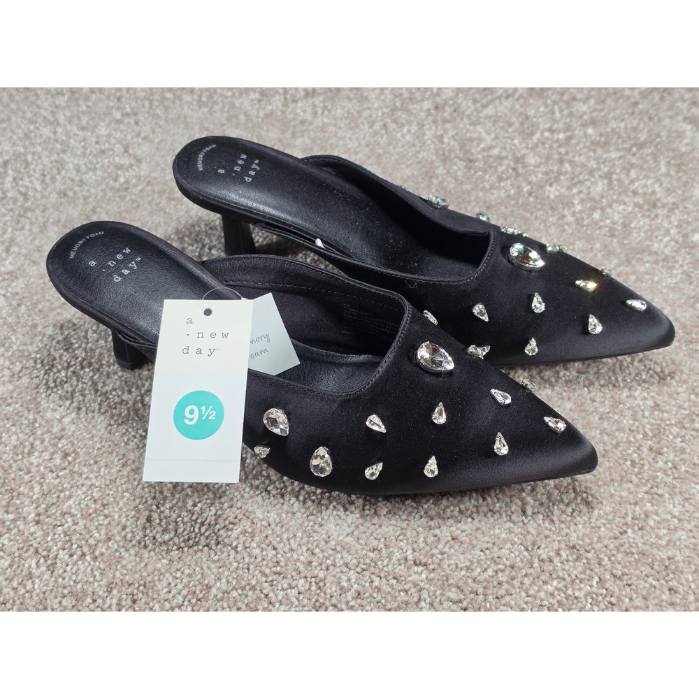 A New Day Katia Black Satin Rhinestone Pointed Toe Kitten Heel Mules Mens 9.5